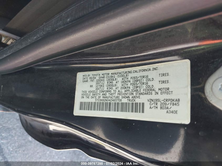 2004 Toyota Tacoma Prerunner V6 VIN: 5TESN92N34Z465708 Lot: 39787285