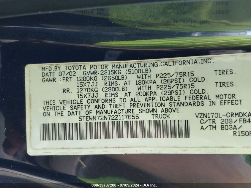 2002 Toyota Tacoma Base V6 VIN: 5TEWN72N72Z117655 Lot: 39787288