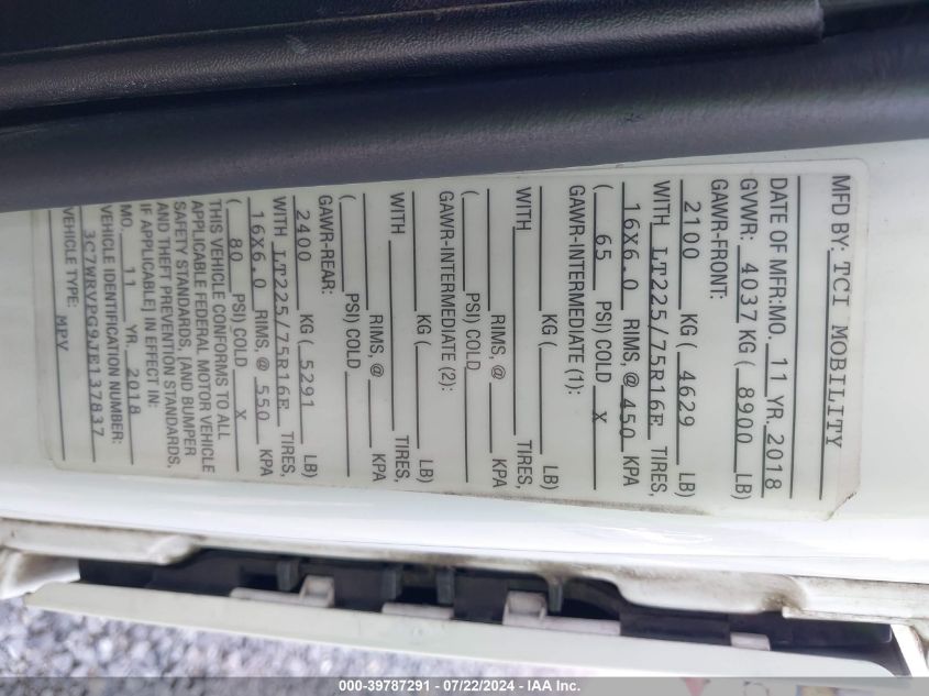 2018 Ram Promaster 2500 Window Van High Roof 159 Wb VIN: 3C7WRVPG9JE137837 Lot: 39787291