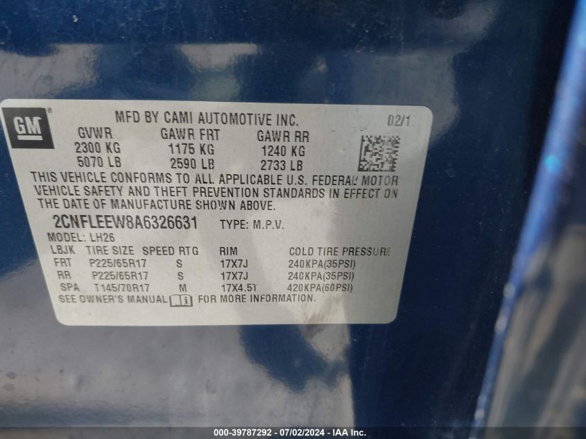 2010 Chevrolet Equinox Lt VIN: 2CNFLEEW8A6326631 Lot: 39787292