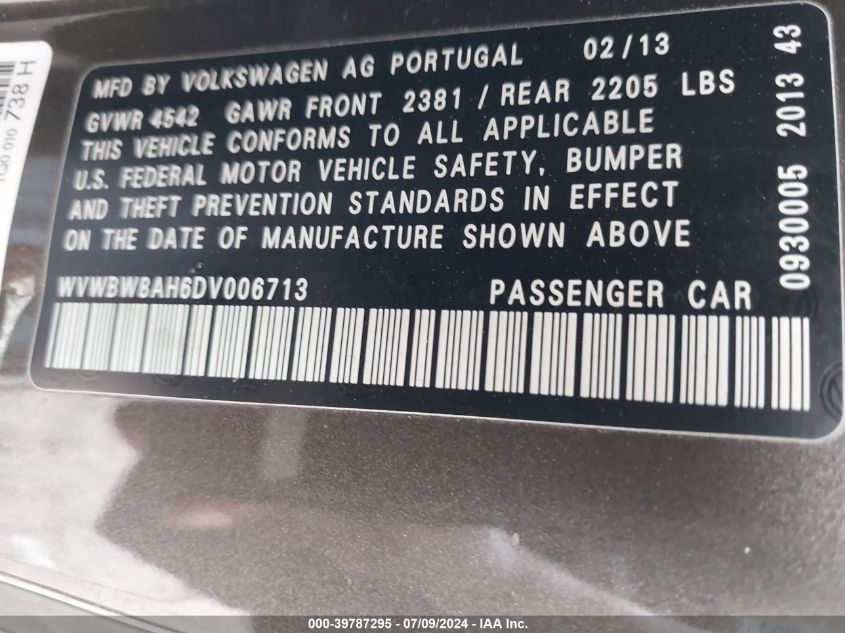 2013 Volkswagen Eos Komfort VIN: WVWBW8AH6DV006713 Lot: 39787295
