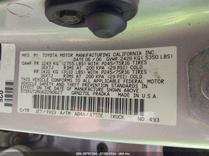 2006 Toyota Tacoma Prerunner V6 VIN: 5TEKU72N162290627 Lot: 39787294