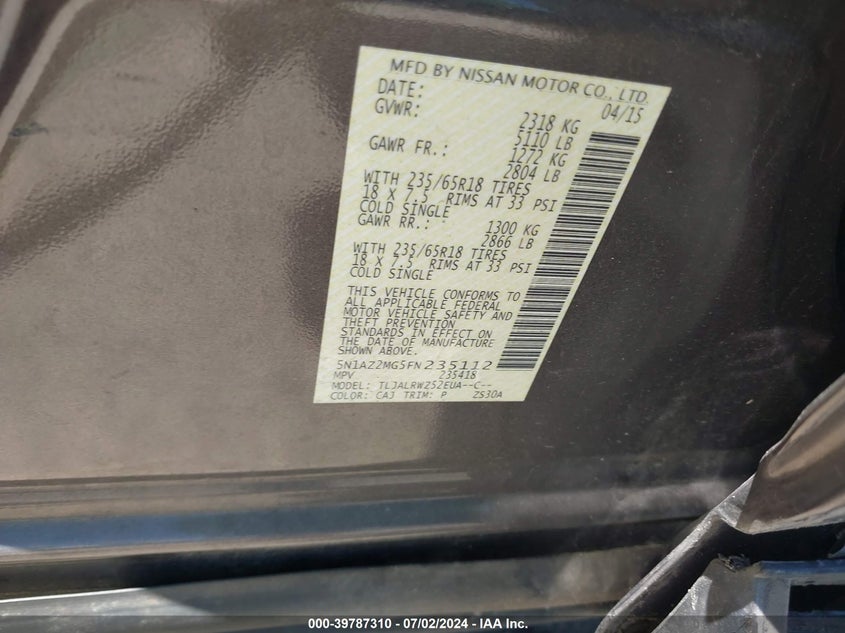 2015 Nissan Murano Sl VIN: 5N1AZ2MG5FN235112 Lot: 39787310