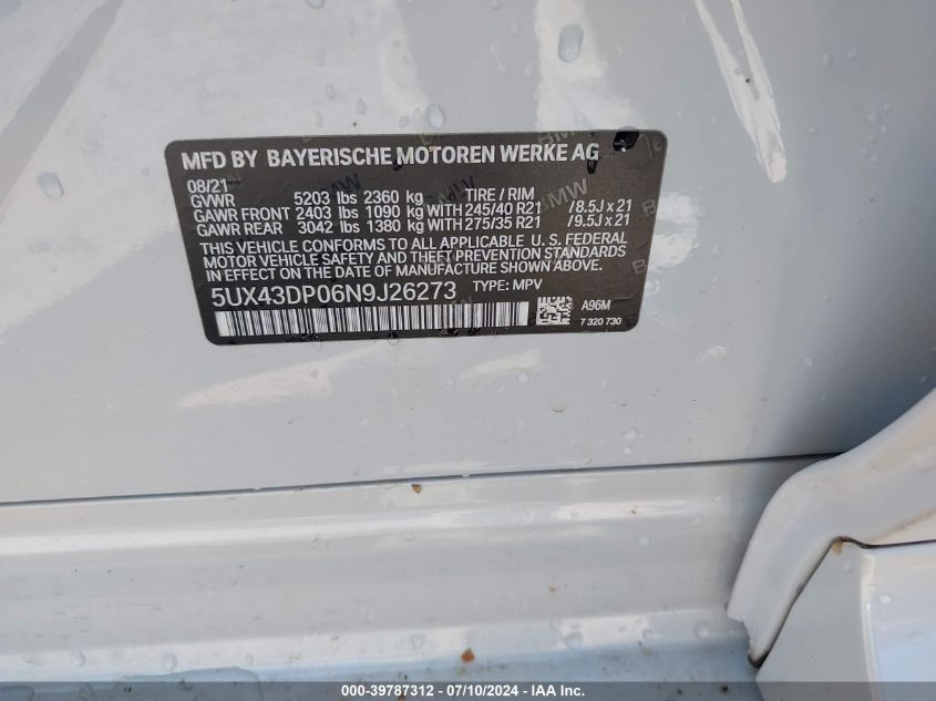 2022 BMW X3 Sdrive30I VIN: 5UX43DP06N9J26273 Lot: 39787312