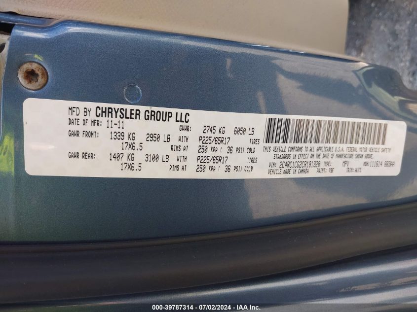 2012 Chrysler Town & Country Touring-L VIN: 2C4RC1CG2CR181920 Lot: 39787314