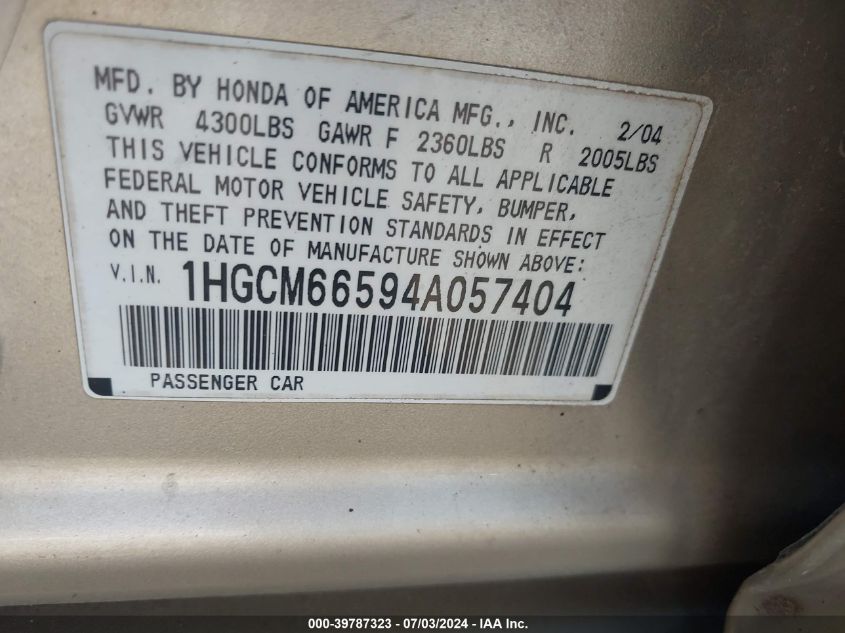 2004 Honda Accord 3.0 Ex VIN: 1HGCM66594A057404 Lot: 39787323