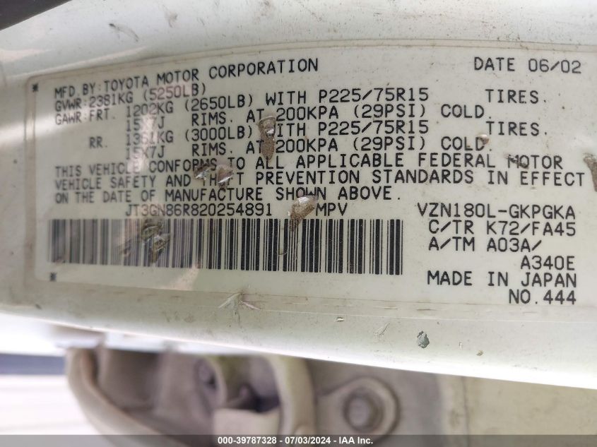 2002 Toyota 4Runner Sr5 V6 VIN: JT3GN86R820254891 Lot: 39787328