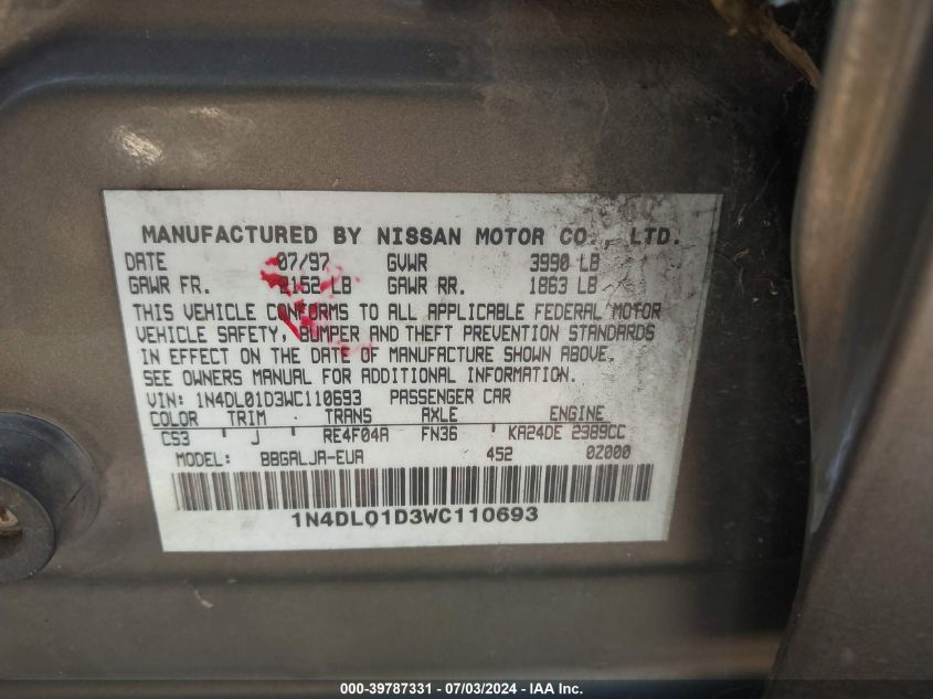 1998 Nissan Altima Xe/Gxe/Se/Gle VIN: 1N4DL01D3WC110693 Lot: 39787331