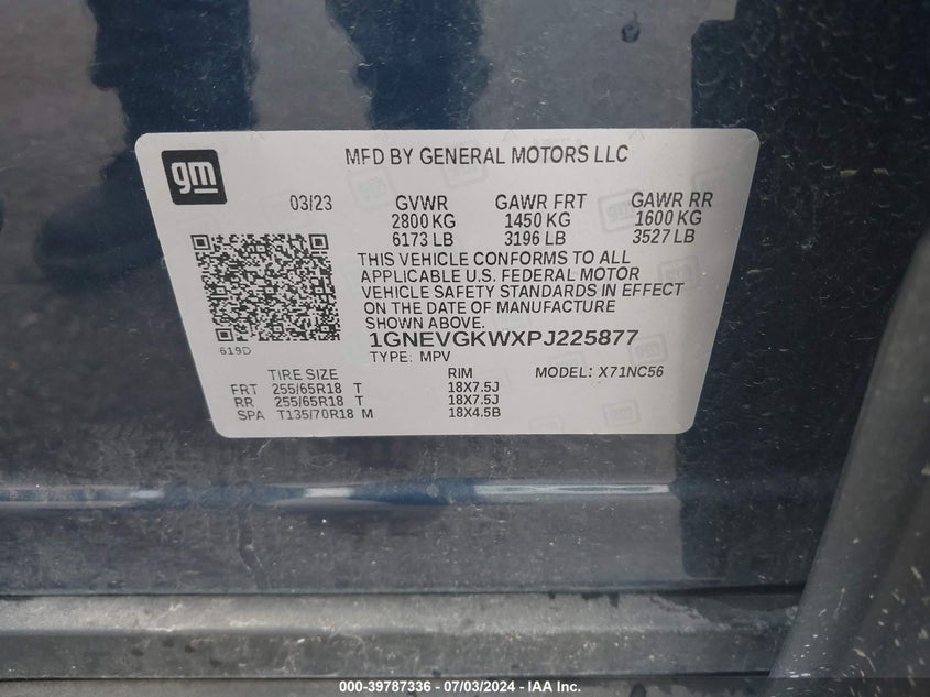 2023 Chevrolet Traverse Awd Lt Cloth VIN: 1GNEVGKWXPJ225877 Lot: 39787336