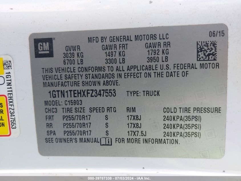 2015 GMC Sierra 1500 VIN: 1GTN1TEHXFZ347553 Lot: 39787338