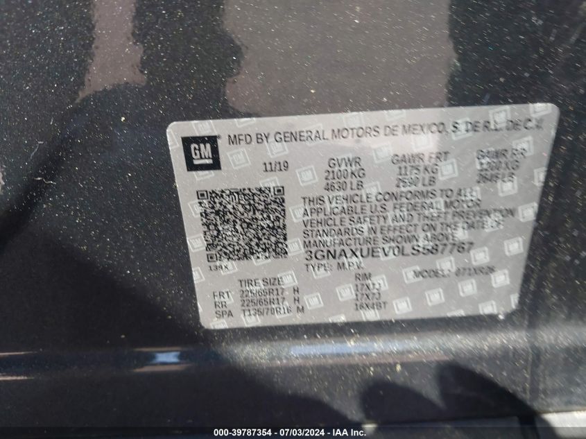 2020 Chevrolet Equinox Lt VIN: 3GNAXUEV0LS587767 Lot: 39787354