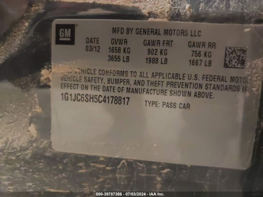 2012 Chevrolet Sonic Lt VIN: 1G1JC6SH5C4178817 Lot: 39787356