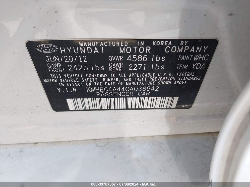 2012 Hyundai Sonata Hybrid VIN: KMHEC4A44CA038542 Lot: 39787357