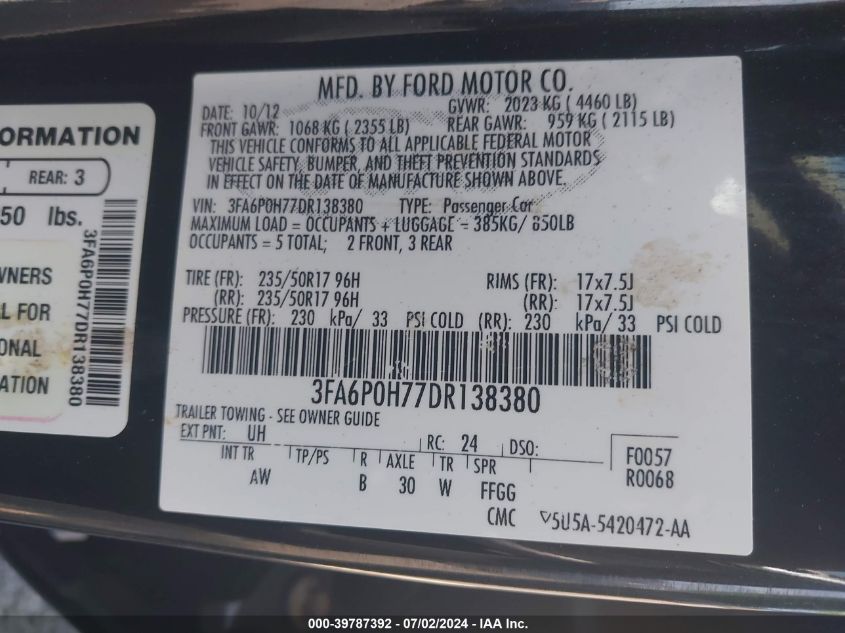 2013 FORD FUSION SE - 3FA6P0H77DR138380