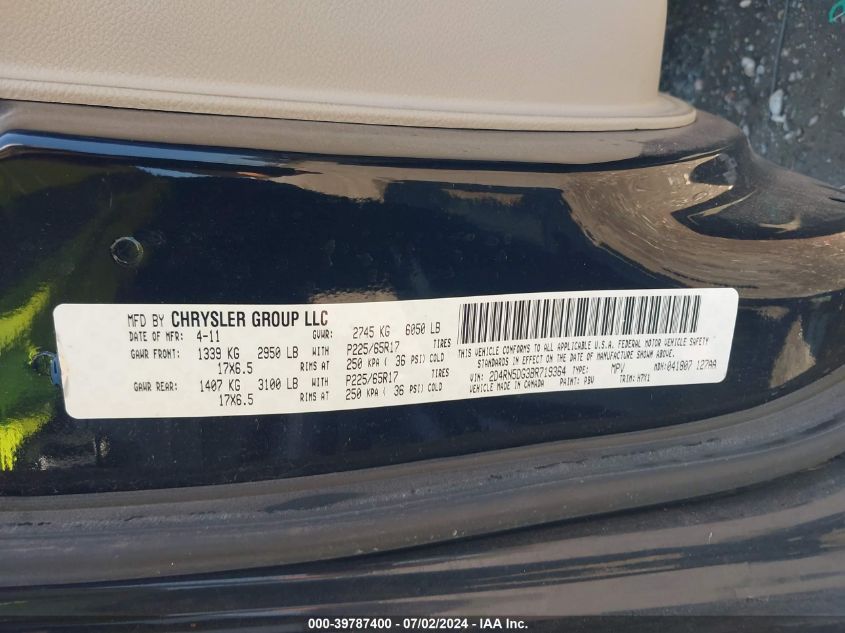 2011 Dodge Grand Caravan Crew VIN: 2D4RN5DG3BR719364 Lot: 39787400