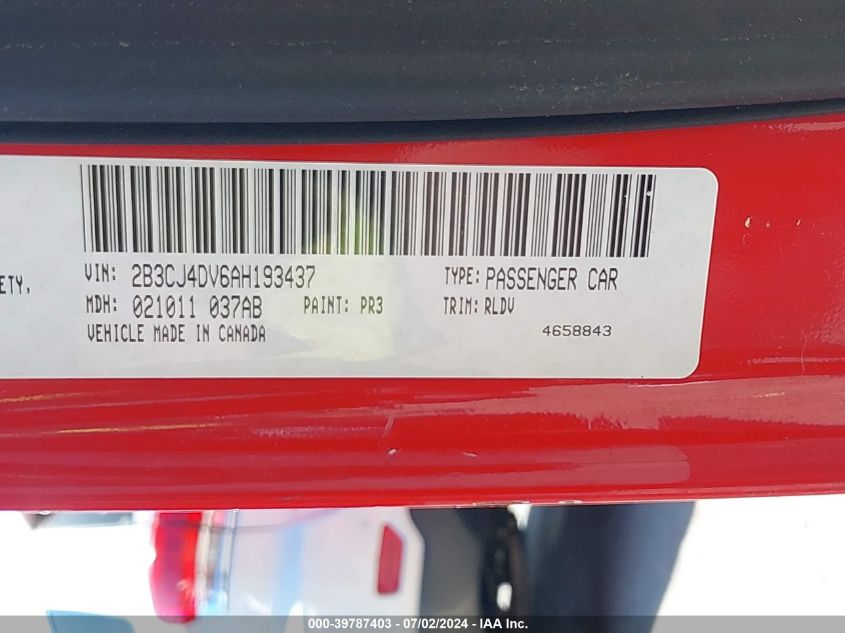 2010 Dodge Challenger Se VIN: 2B3CJ4DV6AH193437 Lot: 39787403