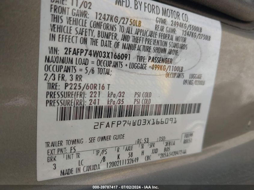 2003 Ford Crown Victoria Lx VIN: 2FAFP74W03X166091 Lot: 39787417