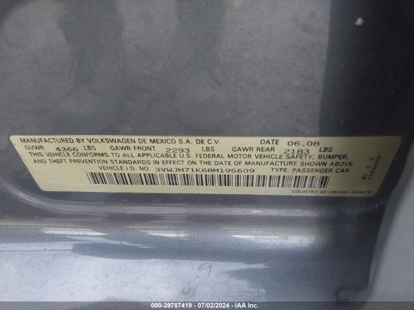 2008 Volkswagen Jetta S VIN: 3VWJM71K68M195609 Lot: 39787419