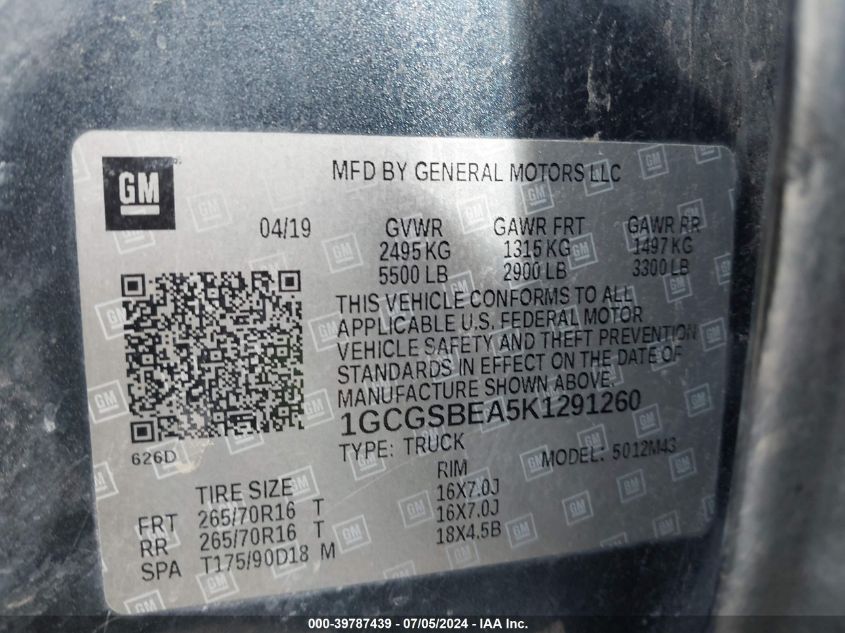2019 Chevrolet Colorado Wt VIN: IGZG5BIA5K1291260 Lot: 39787439