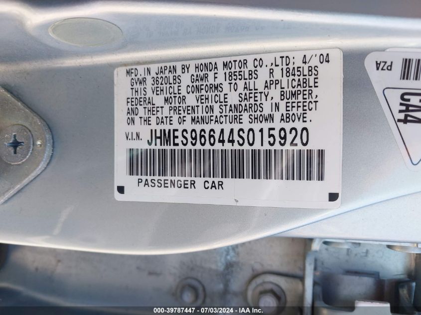 2004 Honda Civic Hybrid VIN: JHMES96644S015920 Lot: 39787447