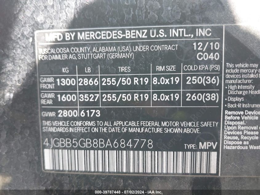 2011 Mercedes-Benz Ml 350 VIN: 4JGBB5GB8BA684778 Lot: 39787448