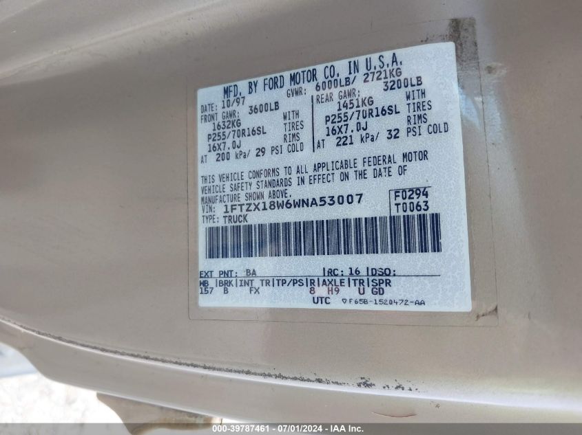 1998 Ford F-150 Lariat/Standard/Xl/Xlt VIN: 1FTZX18W6WNA53007 Lot: 39787461
