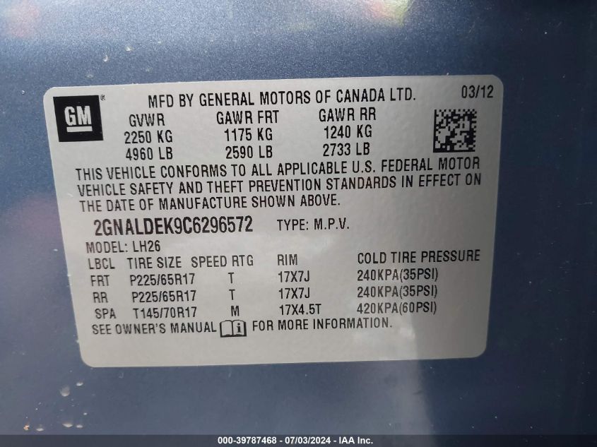 2012 Chevrolet Equinox 1Lt VIN: 2GNALDEK9C6296572 Lot: 39787468