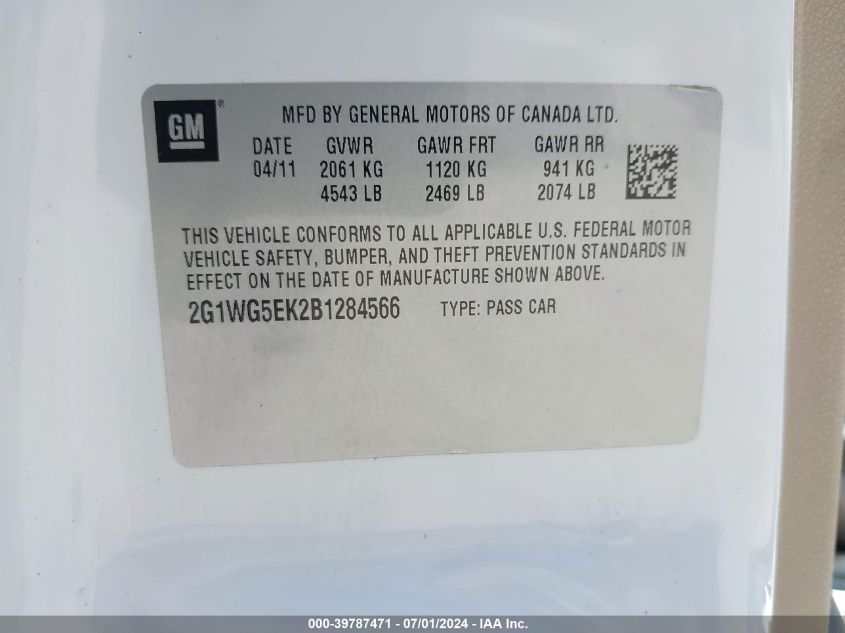 2011 Chevrolet Impala Lt VIN: 2G1WG5EK2B1284566 Lot: 39787471