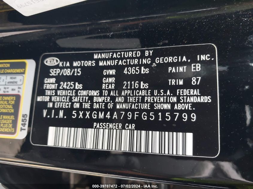 2015 Kia Optima Lx VIN: 5XXGM4A79FG515799 Lot: 39787472