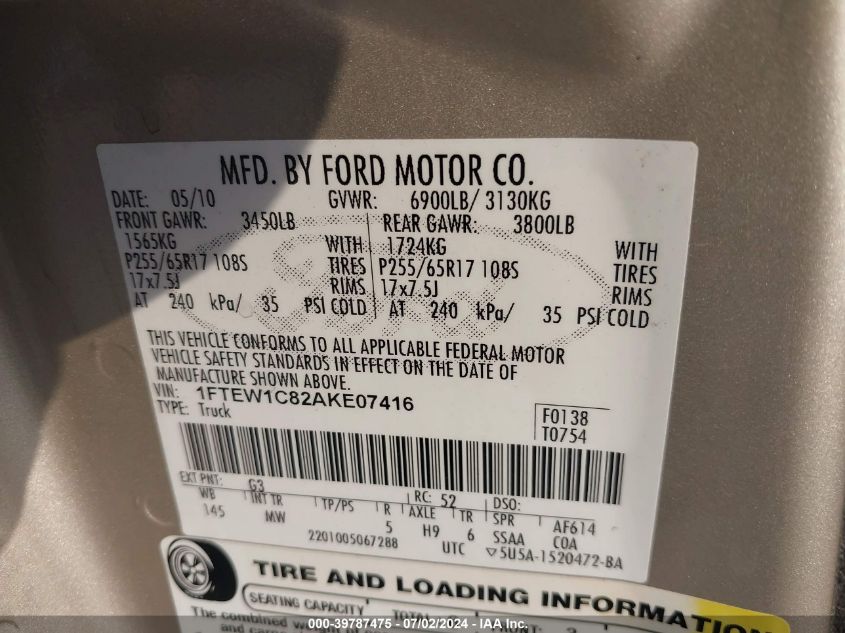 2010 Ford F-150 Fx2 Sport/Xl/Xlt VIN: 1FTEW1C82AKE07416 Lot: 39787475