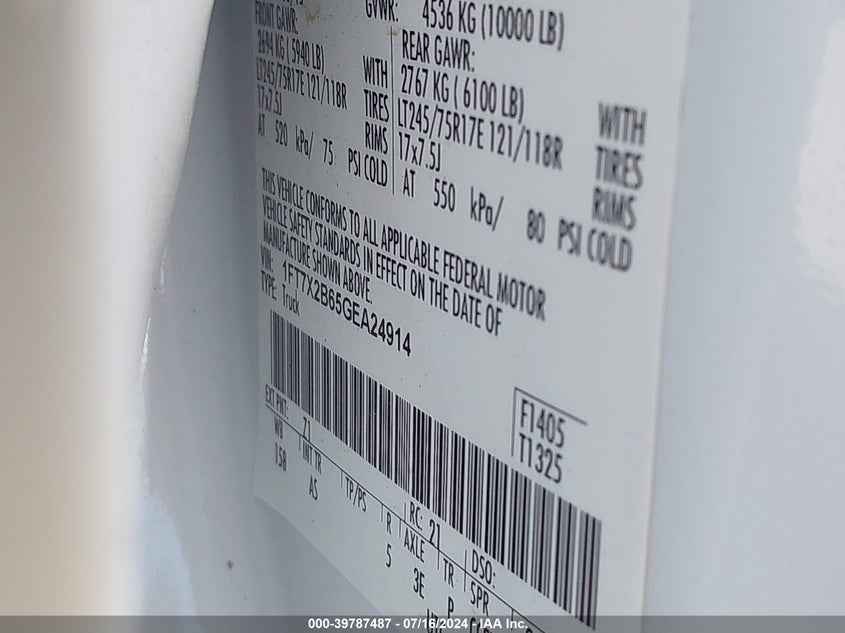 2016 Ford F-250 Xl VIN: 1FT7X2B65GEA24914 Lot: 39787487