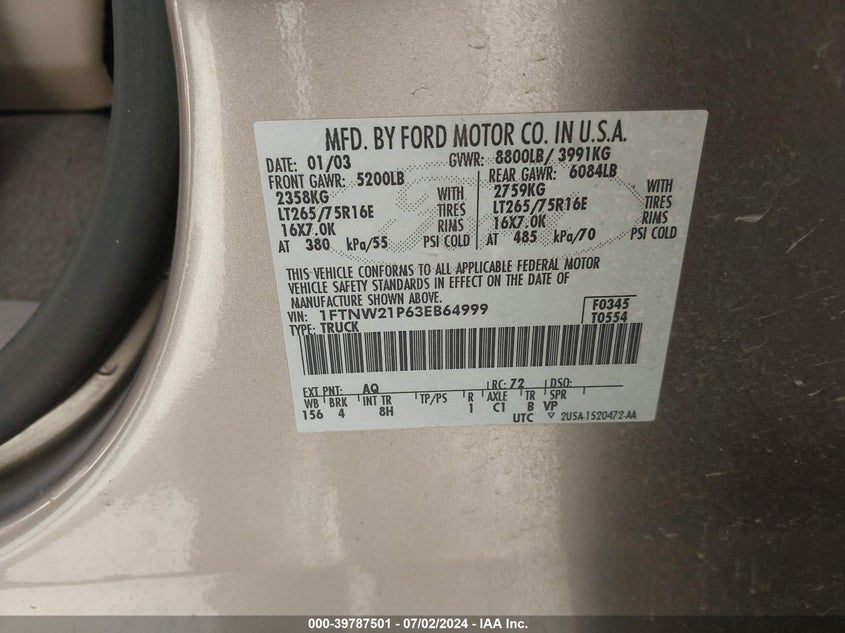 2003 Ford F250 Super Duty VIN: 1FTNW21P63EB64999 Lot: 39787501