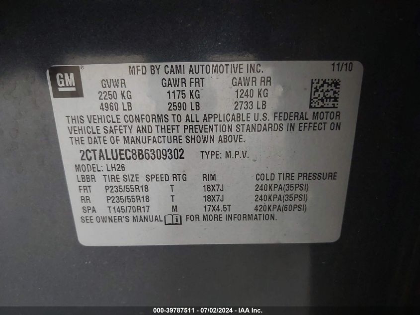 2011 GMC Terrain Slt-1 VIN: 2CTALUEC8B6309302 Lot: 39787511