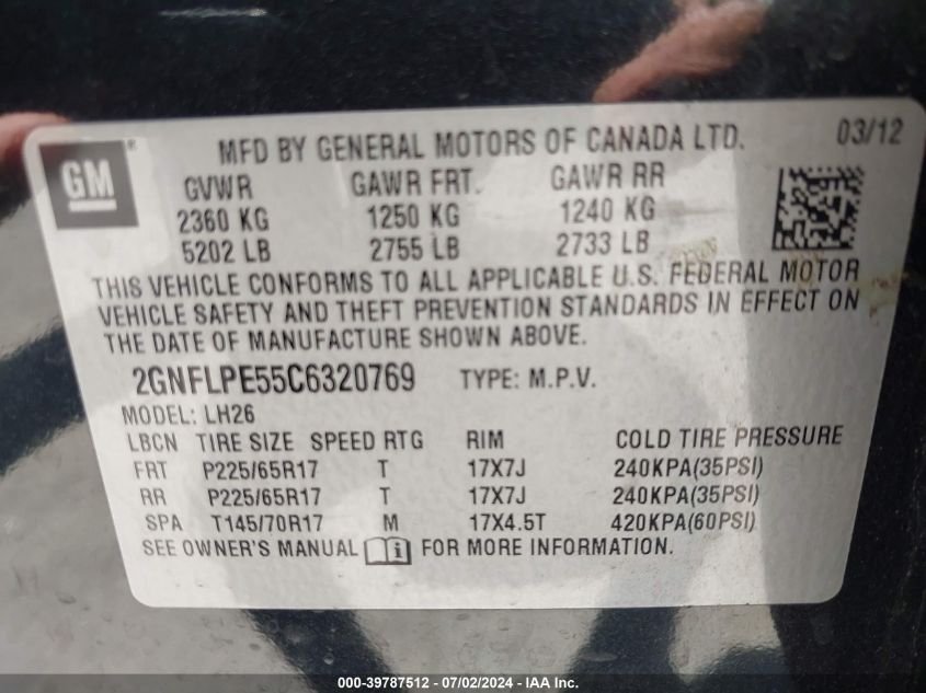 2012 Chevrolet Equinox 2Lt VIN: 2GNFLPE55C6320769 Lot: 39787512