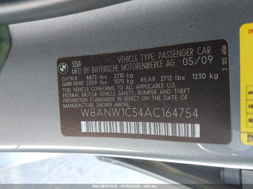 2010 BMW 535I VIN: WBANW1C54AC164754 Lot: 39787519