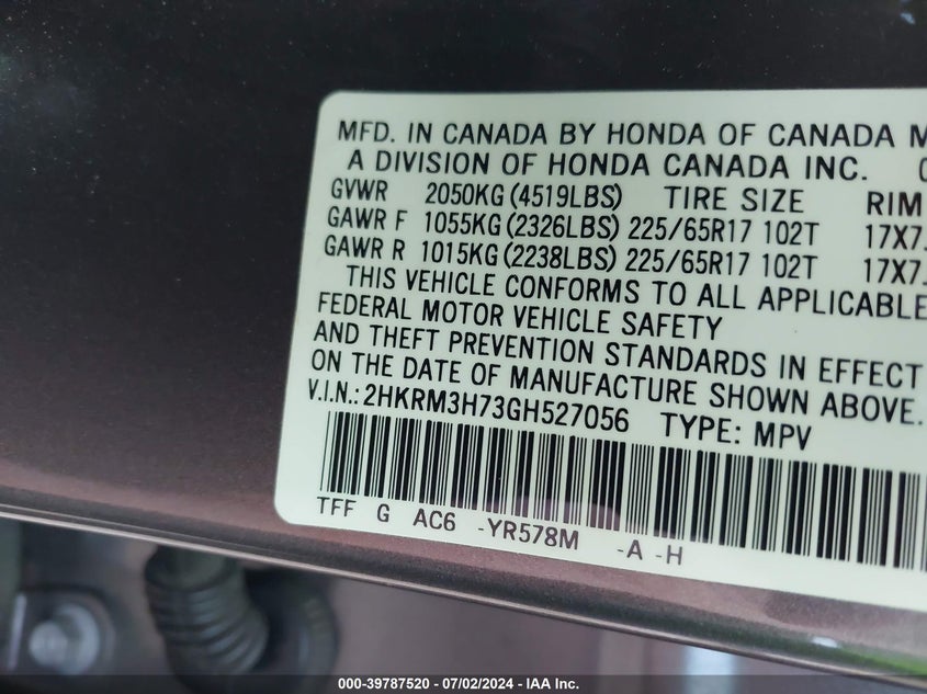 2016 HONDA CR-V EXL - 2HKRM3H73GH527056