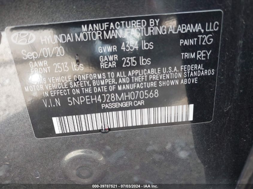 2021 Hyundai Sonata Limited VIN: 5NPEH4J28MH070568 Lot: 39787521
