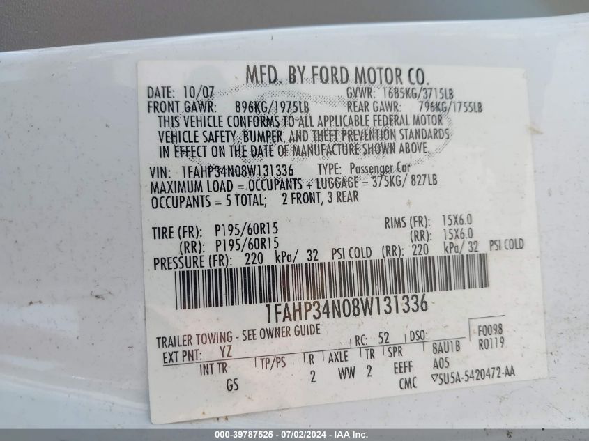 2008 Ford Focus S VIN: 1FAHP34N08W131336 Lot: 39787525