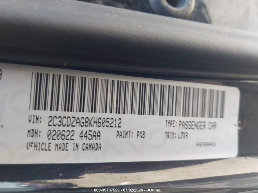 2C3CDZAG8KH605212 2019 Dodge Challenger Sxt