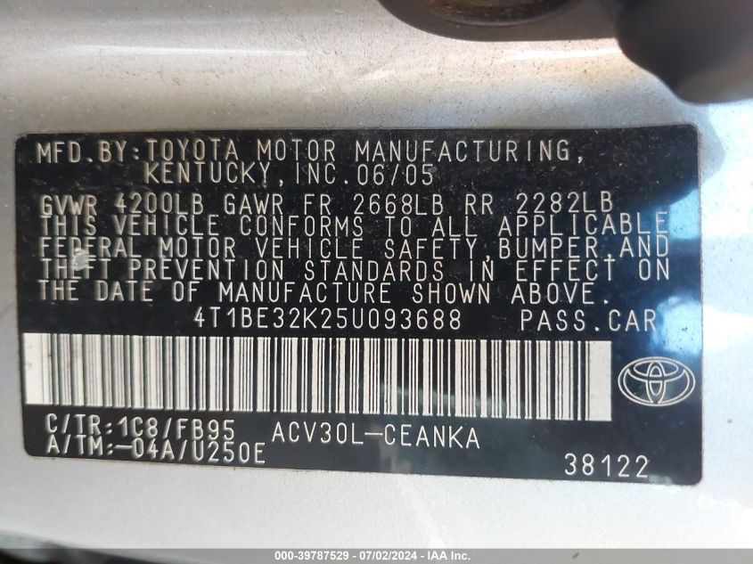 4T1BE32K25U093688 2005 Toyota Camry Std