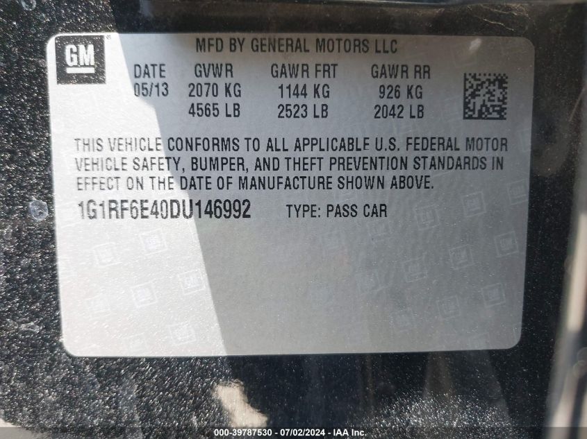 2013 Chevrolet Volt VIN: 1G1RF6E40DU146992 Lot: 39787530