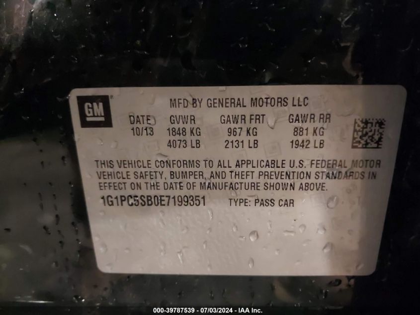 2014 Chevrolet Cruze 1Lt Auto VIN: 1G1PC5SB0E7199351 Lot: 39787539