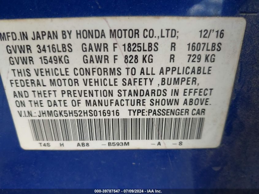 2017 Honda Fit Lx VIN: JHMGK5H52HS016916 Lot: 39787547