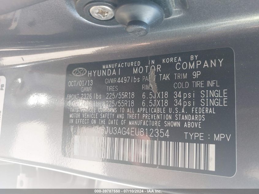 2014 Hyundai Tucson Limited VIN: KM8JU3AG4EU812354 Lot: 39787550