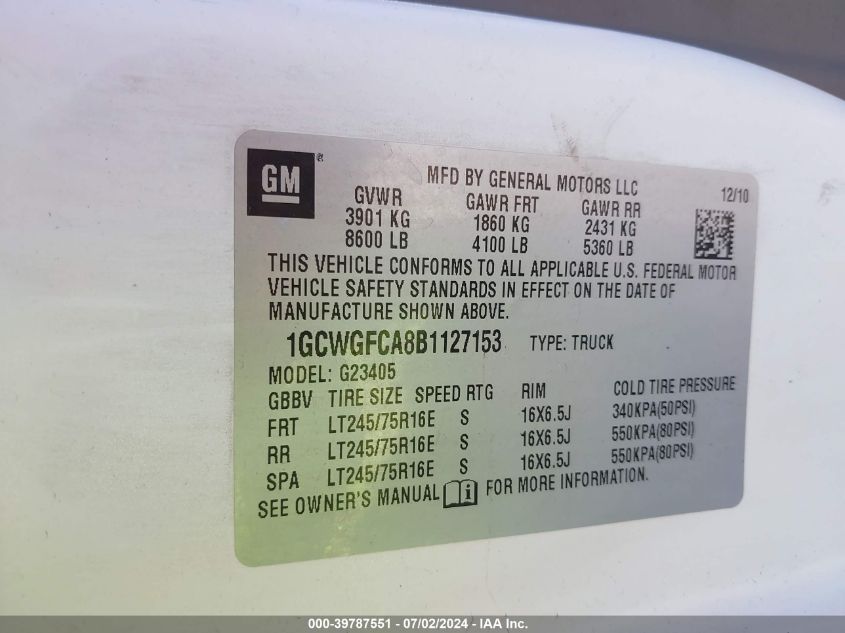 2011 Chevrolet Express 2500 Work Van VIN: 1GCWGFCA8B1127153 Lot: 39787551