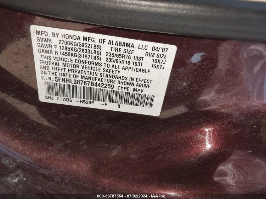 2007 Honda Odyssey Ex-L VIN: 5FNRL38767B442259 Lot: 39787554