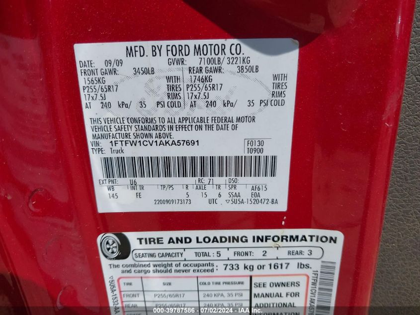 2010 Ford F-150 Fx2 Sport/Harley-Davidson/King Ranch/Lariat/Platinum/Xl/Xlt VIN: 1FTFW1CV1AKA57691 Lot: 39787586