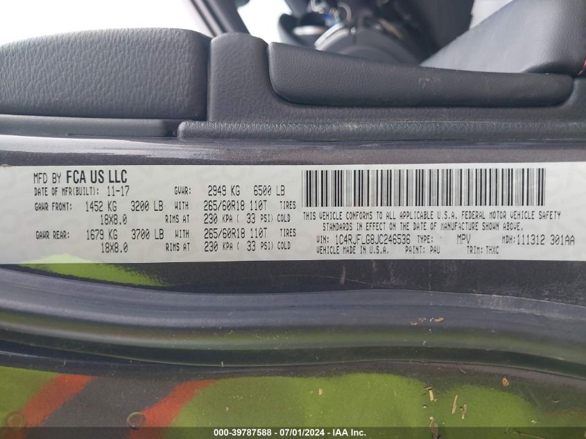 2018 Jeep Grand Cherokee Trailhawk 4X4 VIN: 1C4RJFLG8JC246536 Lot: 39787588