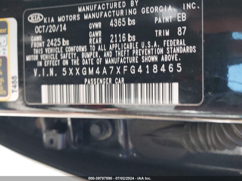 5XXGM4A7XFG418465 | 2015 KIA OPTIMA