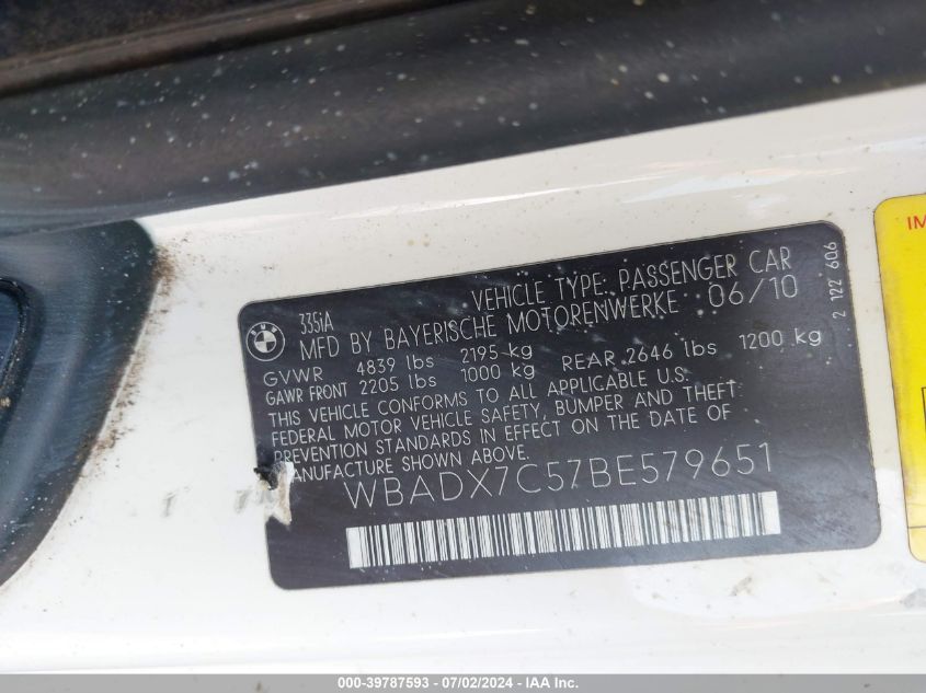 2011 BMW 3 Series 335I VIN: WBADX7C57BE579651 Lot: 39787593